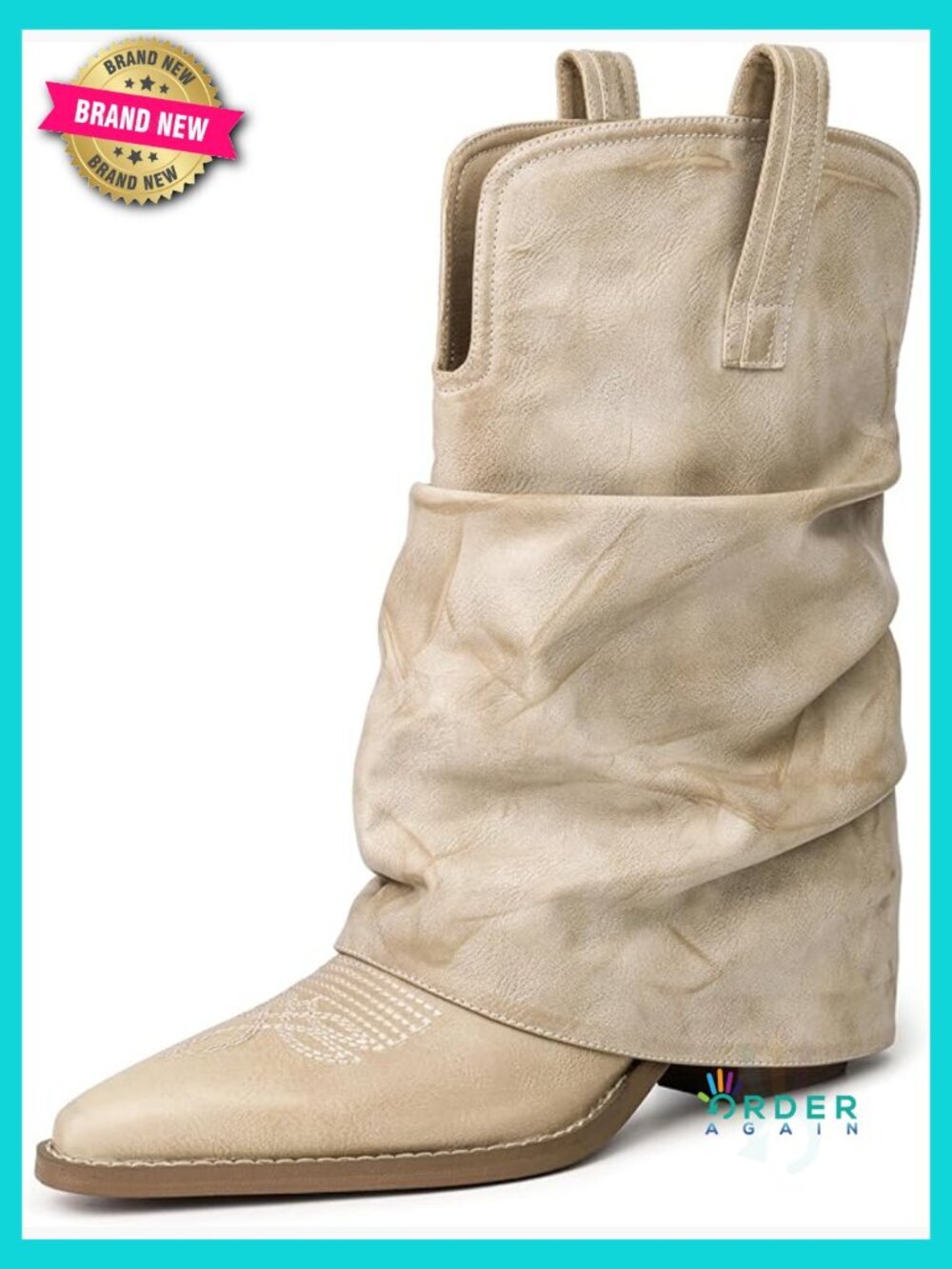 Slouchy Cowgirl Boots with Metal Ring Buckle Pointed Toe Mid Calf Chunky Heel